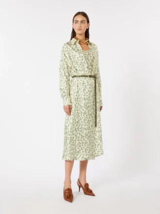 Printed silk twill dress, ivory
