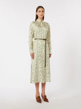 Printed silk twill dress, ivory