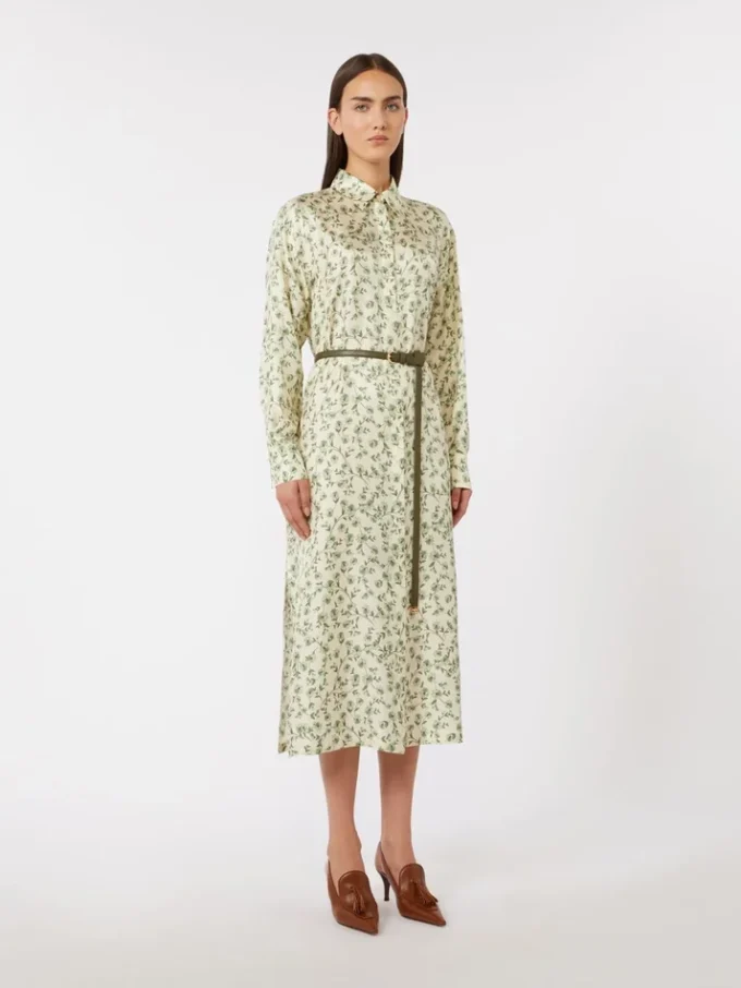 Printed silk twill dress, ivory