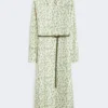 Printed silk twill dress, ivory