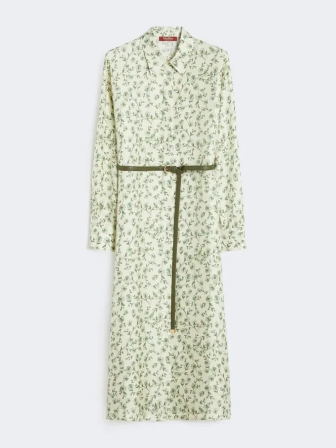 Printed silk twill dress, ivory