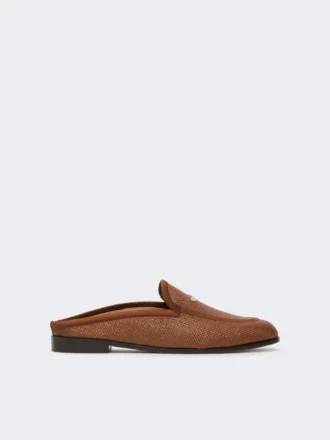 Raffia-effect canvas mules, amber brown