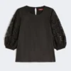 Ramie gauze and broderie anglaise t-shirt, black Ramie gauze and broderie anglaise t-shirt, black