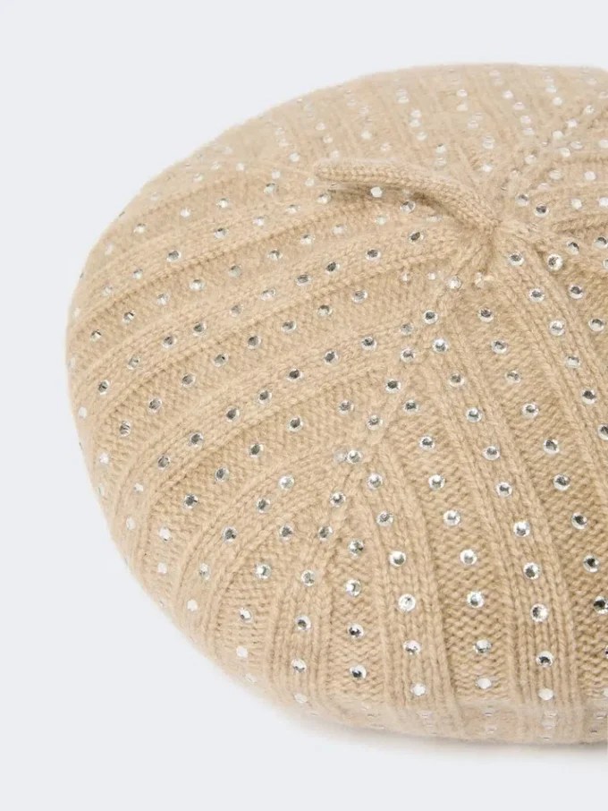 Rhinestone-adorned cashmere beret, sand Rhinestone-adorned cashmere beret, sand