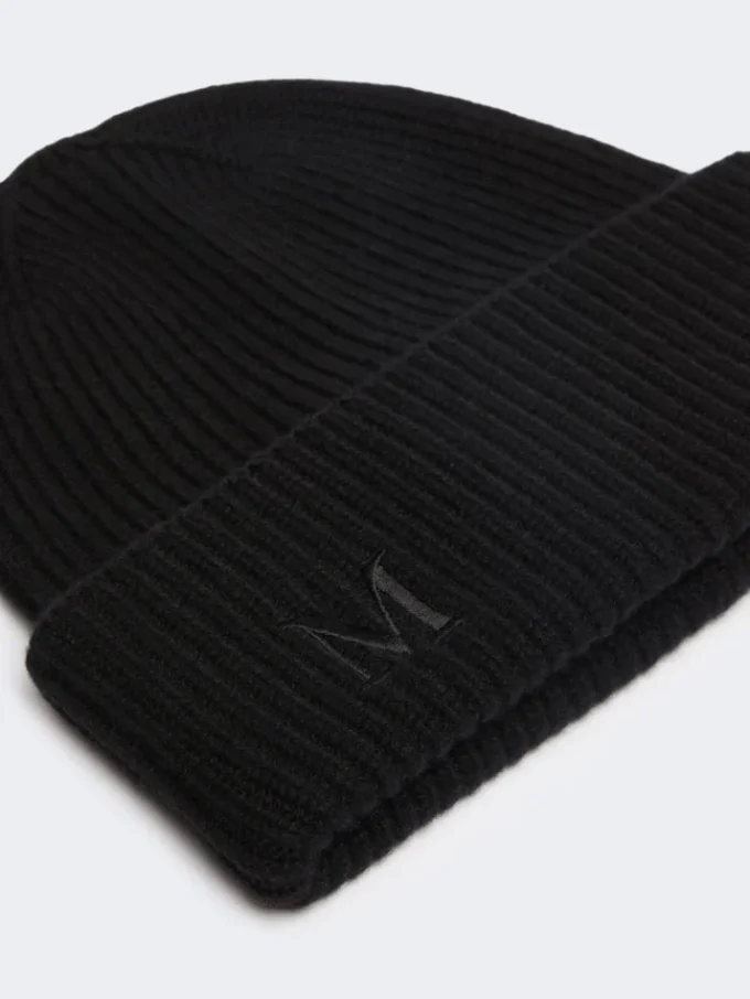 Rib-knit cashmere beanie hat, black Rib-knit cashmere beanie hat, black