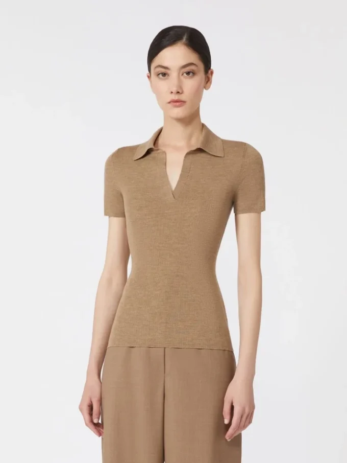 Rib-knit wool polo shirt, gold beige brown Rib-knit wool polo shirt, gold beige brown