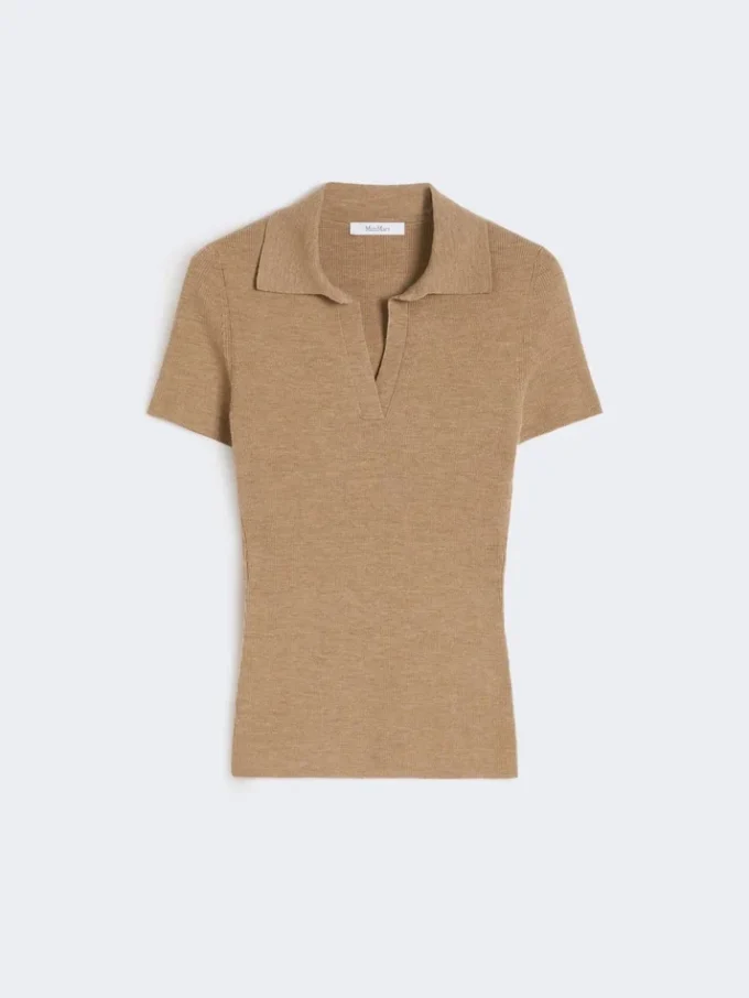 Rib-knit wool polo shirt, gold beige brown Rib-knit wool polo shirt, gold beige brown