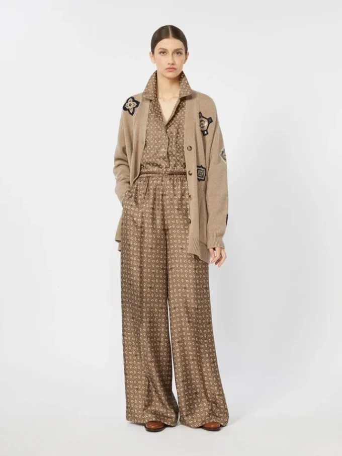 Semi-fitted printed silk shirt, mud