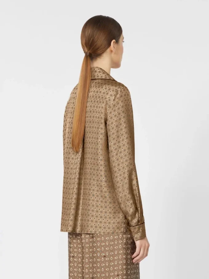 Semi-fitted printed silk shirt, mud