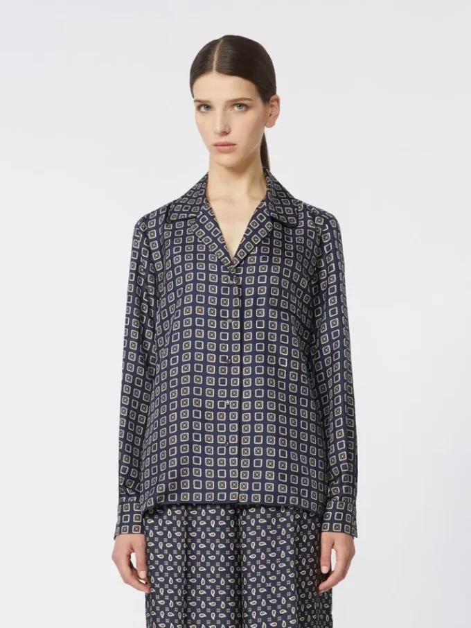 Semi-fitted printed silk shirt, ultramarine