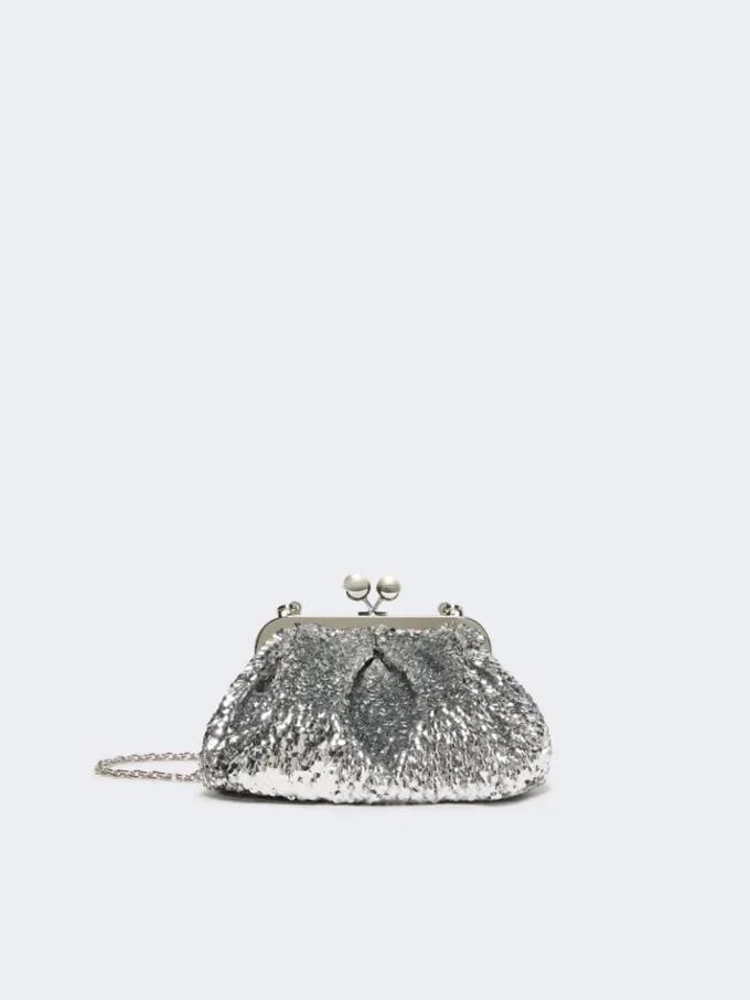Sequin-adorned small satin pasticcino bag, silver Sequin-adorned small satin pasticcino bag, silver
