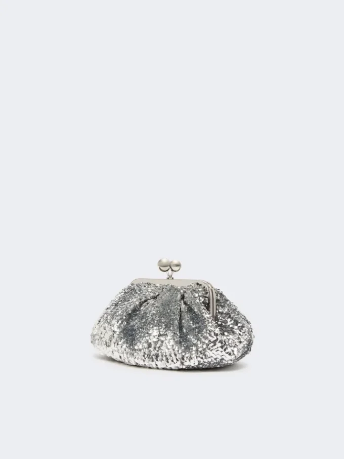 Sequin-adorned small satin pasticcino bag, silver Sequin-adorned small satin pasticcino bag, silver
