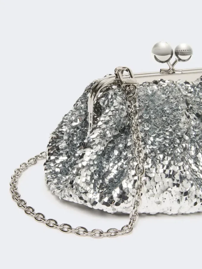 Sequin-adorned small satin pasticcino bag, silver Sequin-adorned small satin pasticcino bag, silver