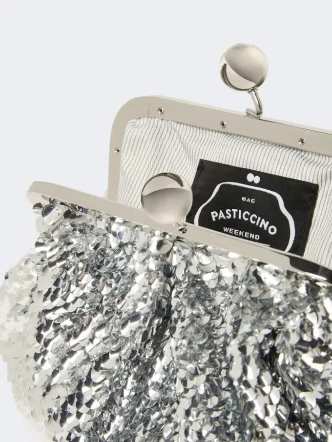 Sequin-adorned small satin pasticcino bag, silver Sequin-adorned small satin pasticcino bag, silver