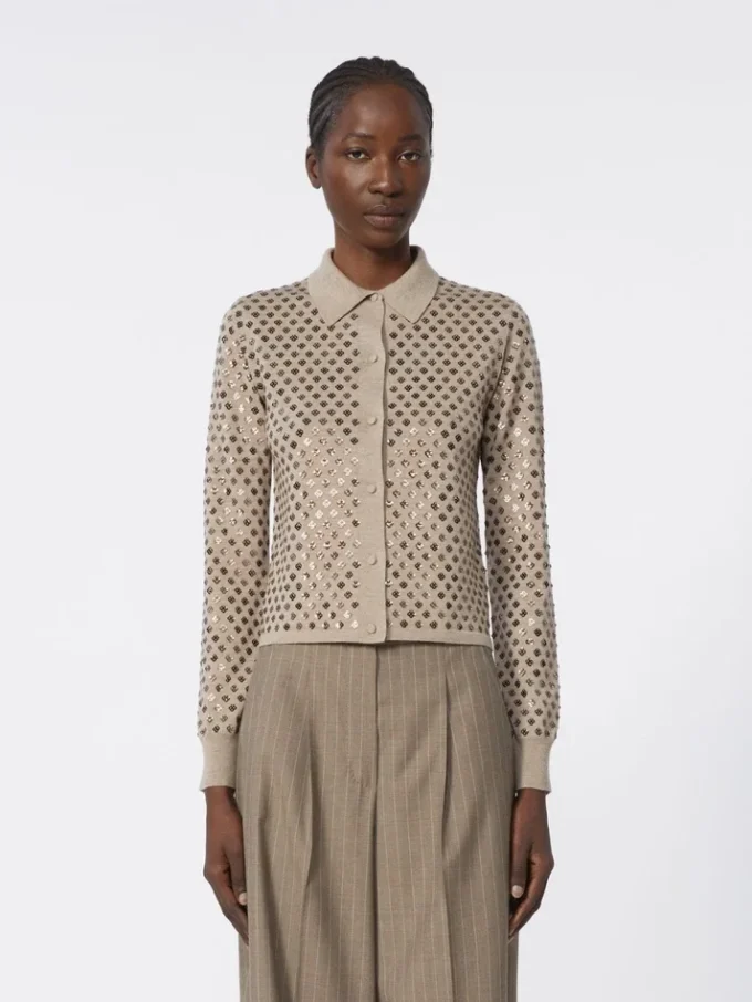 Sequinned wool cardigan, brown