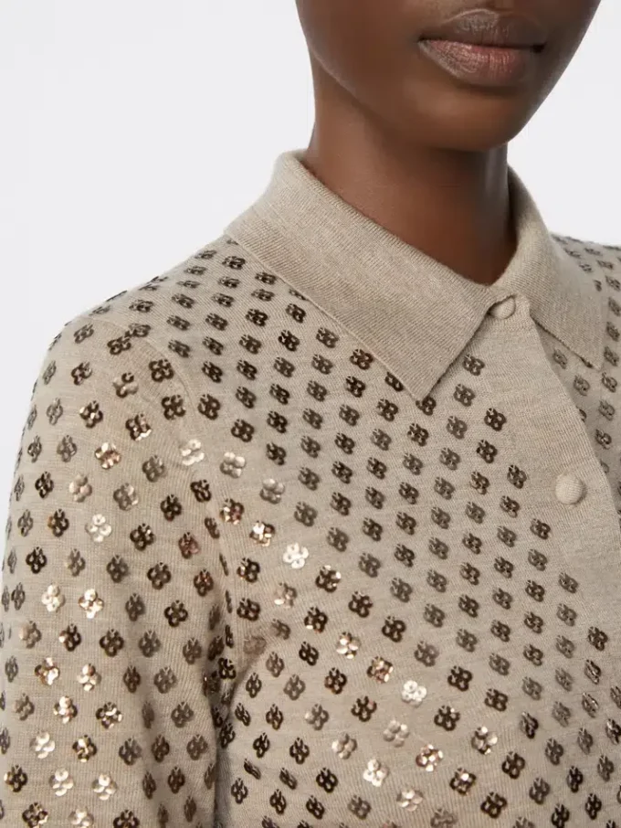 Sequinned wool cardigan, brown