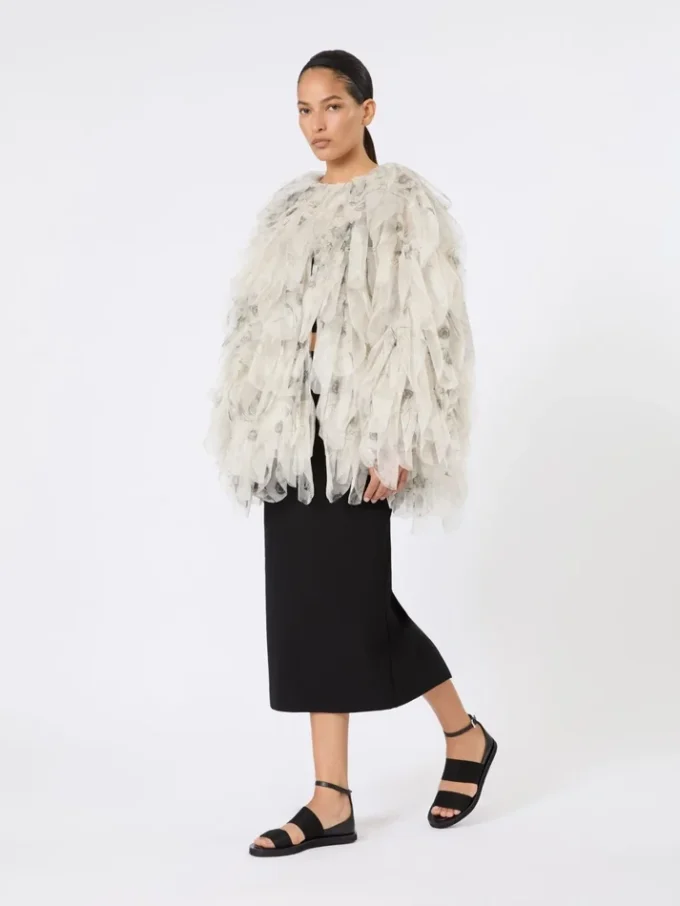 Short overcoat with petals in printed organza, pearl grey Short overcoat with petals in printed organza, pearl grey