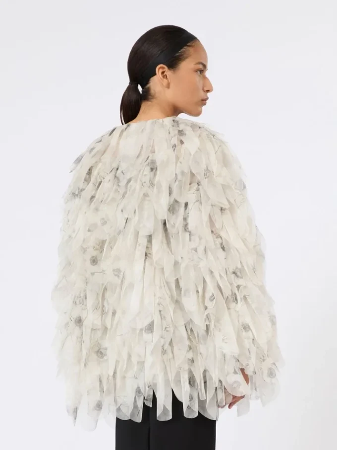Short overcoat with petals in printed organza, pearl grey Short overcoat with petals in printed organza, pearl grey