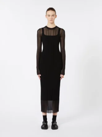 Short-sleeved stretch viscose dress, black