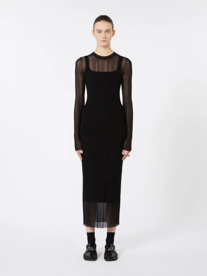 Short-sleeved stretch viscose dress, black