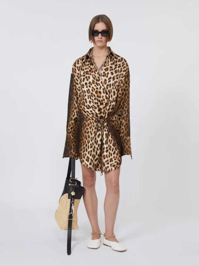Silk twill criss-cross shirt dress, camel