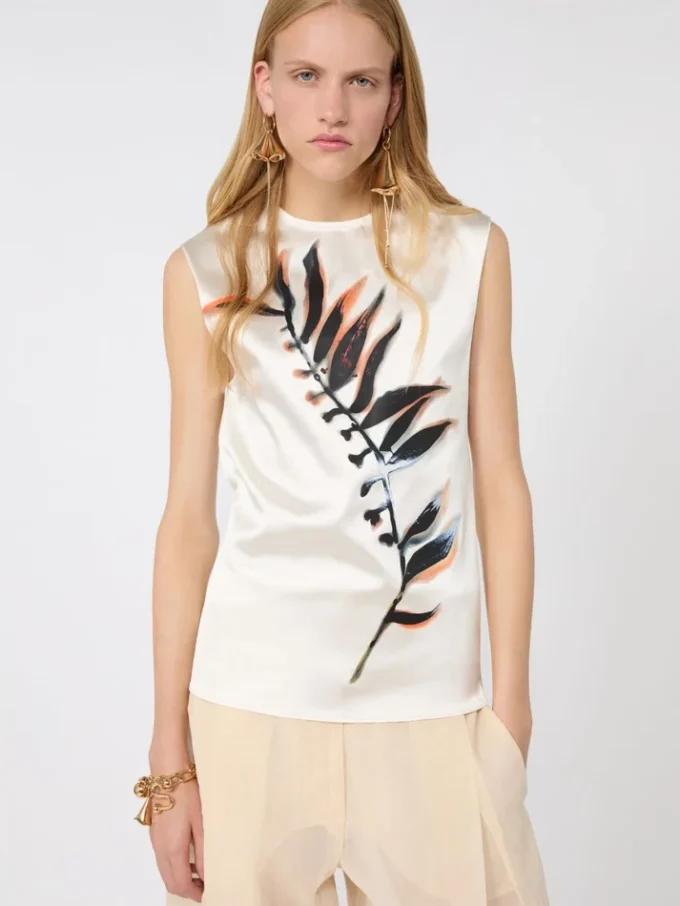Sleeveless double-layer satin and tulle top, white