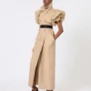 Sleeveless duster coat in linen basketweave with ruffles, camel Sleeveless duster coat in linen basketweave with ruffles, camel