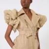 Sleeveless duster coat in linen basketweave with ruffles, camel Sleeveless duster coat in linen basketweave with ruffles, camel