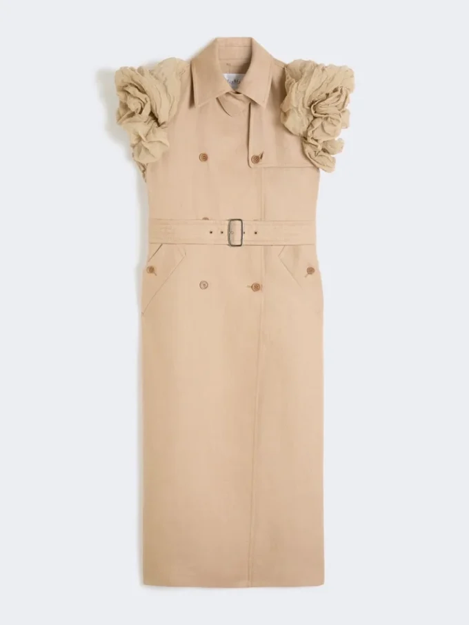 Sleeveless duster coat in linen basketweave with ruffles, camel Sleeveless duster coat in linen basketweave with ruffles, camel