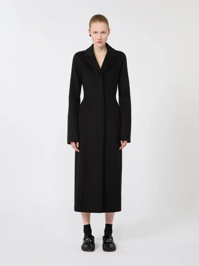 Slim-fit long wool coat, black