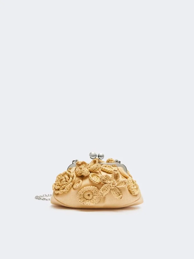 Small raffia-effect pasticcino bag with flowers, beige