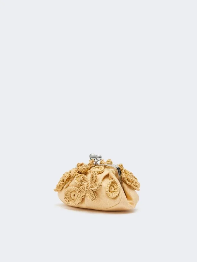 Small raffia-effect pasticcino bag with flowers, beige