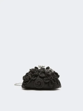 Small raffia-effect pasticcino bag with flowers, black