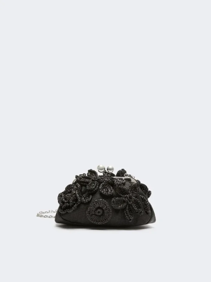 Small raffia-effect pasticcino bag with flowers, black