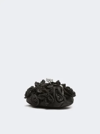 Small raffia-effect pasticcino bag with flowers, black