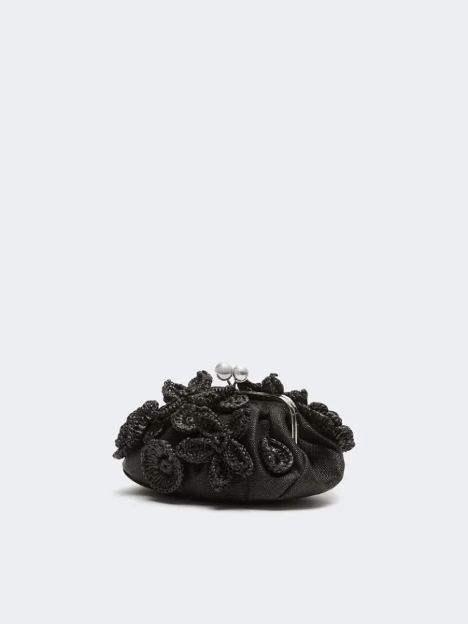Small raffia-effect pasticcino bag with flowers, black