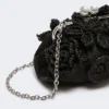 Small raffia-effect pasticcino bag with flowers, black