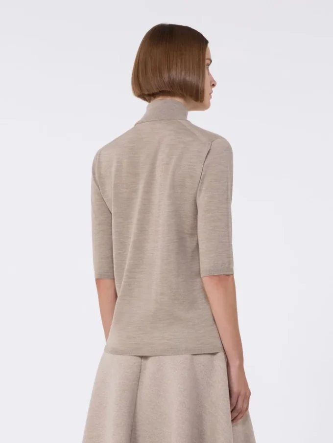 Stockinette-stitched wool polo-neck sweater, brown Stockinette-stitched wool polo-neck sweater, brown