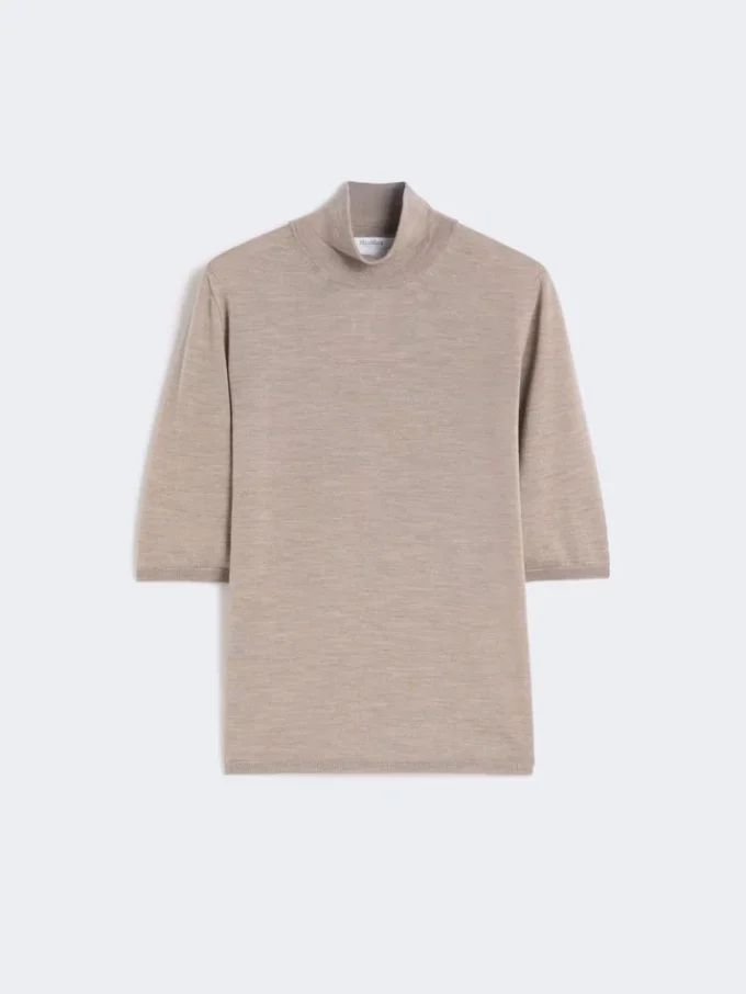 Stockinette-stitched wool polo-neck sweater, brown Stockinette-stitched wool polo-neck sweater, brown
