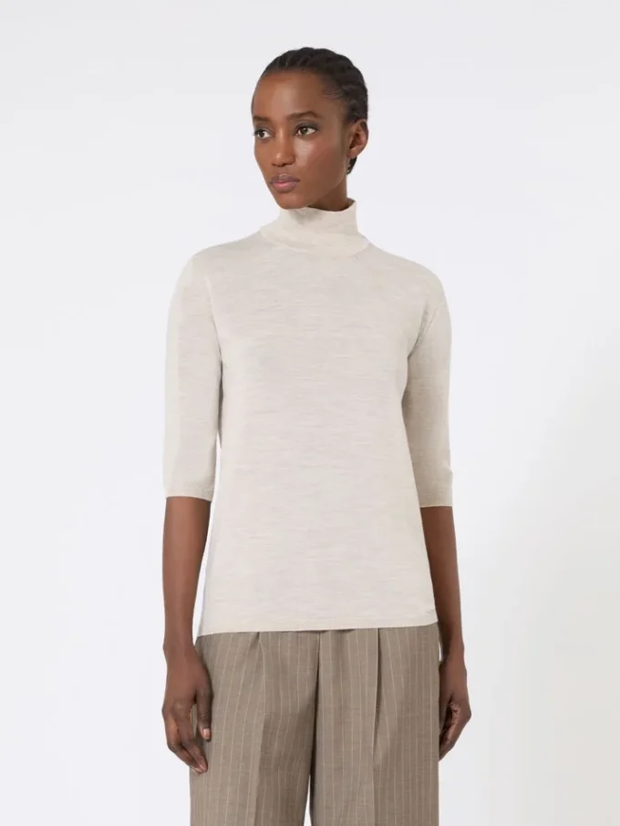 Stockinette-stitched wool polo-neck sweater, powder Stockinette-stitched wool polo-neck sweater, powder