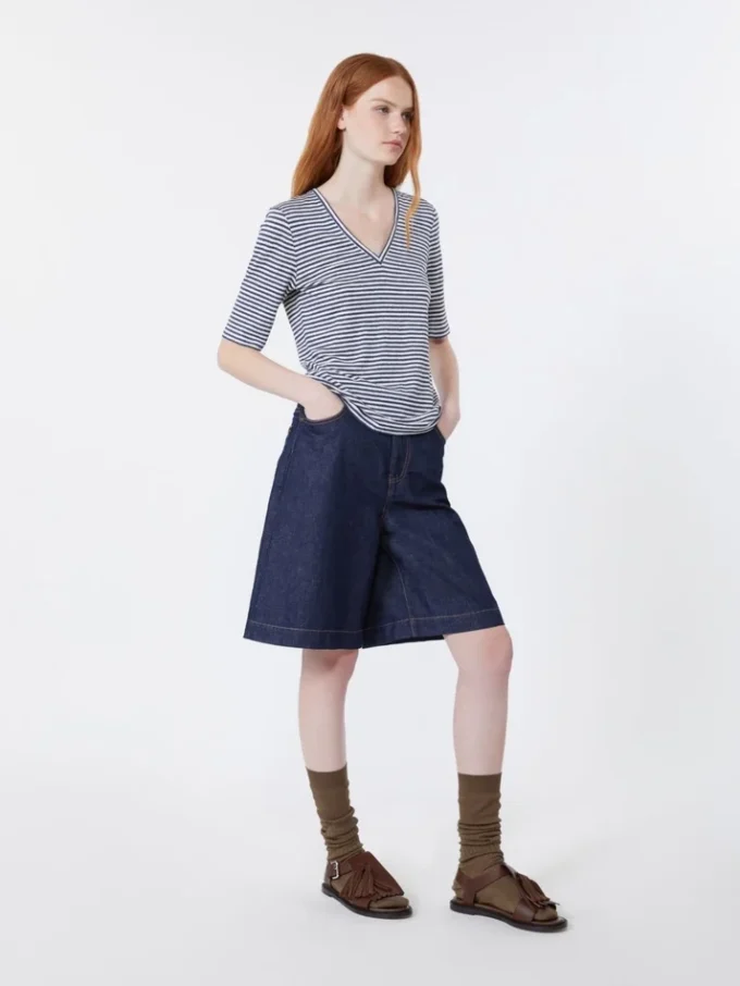 Stretch linen jersey v-neck t-shirt, ultramarine