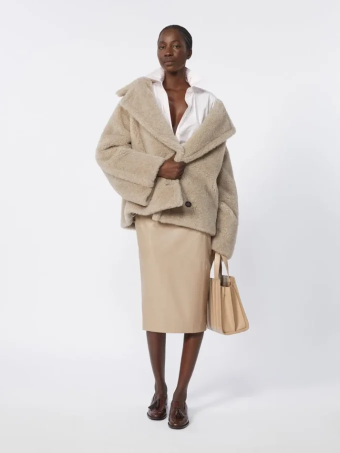 Alpaca and cashmere teddy fabric coat, sand