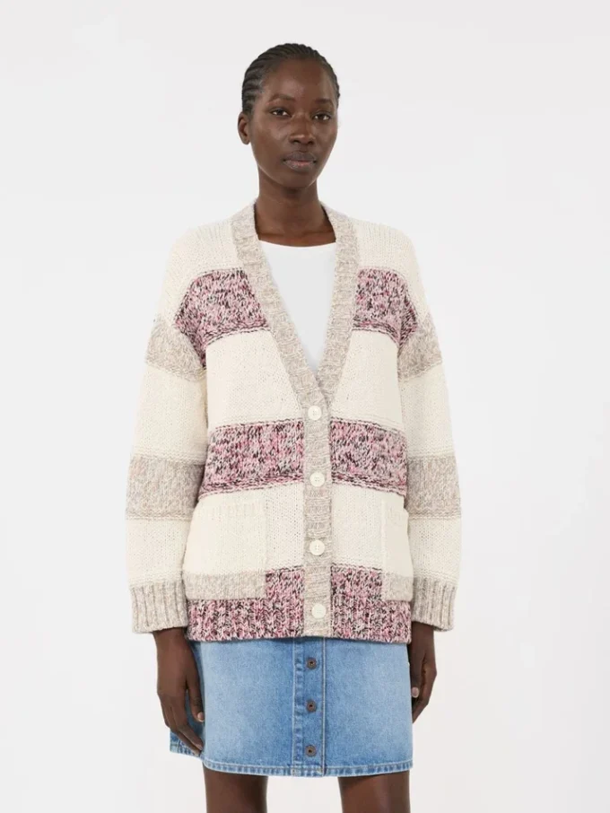 Striped wool and cotton cardigan, sand