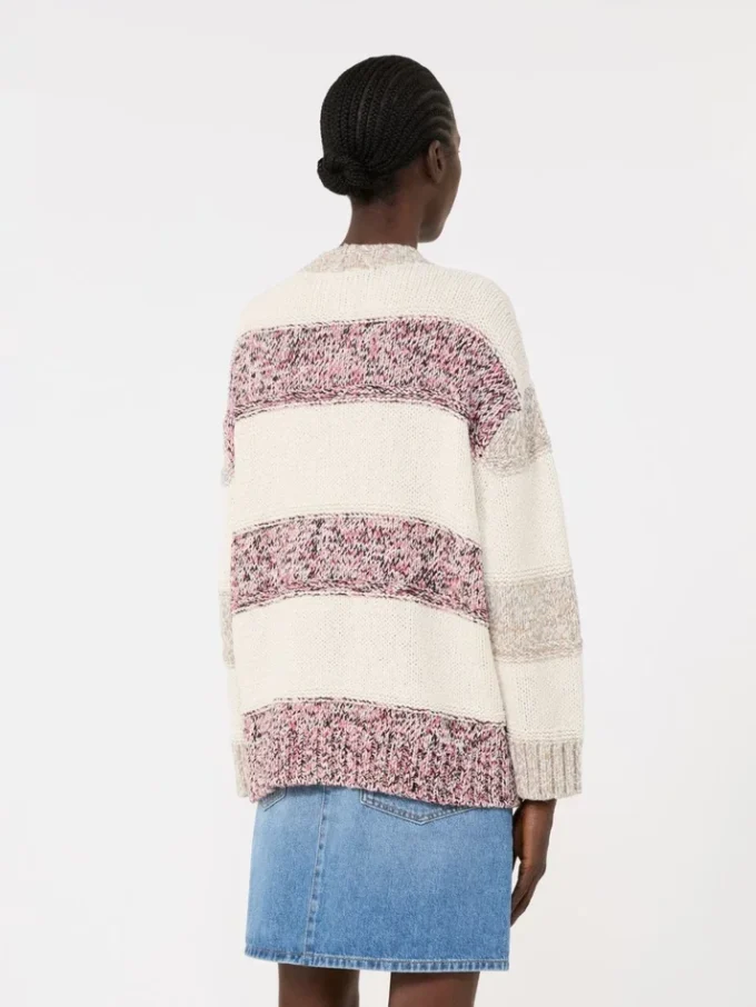 Striped wool and cotton cardigan, sand