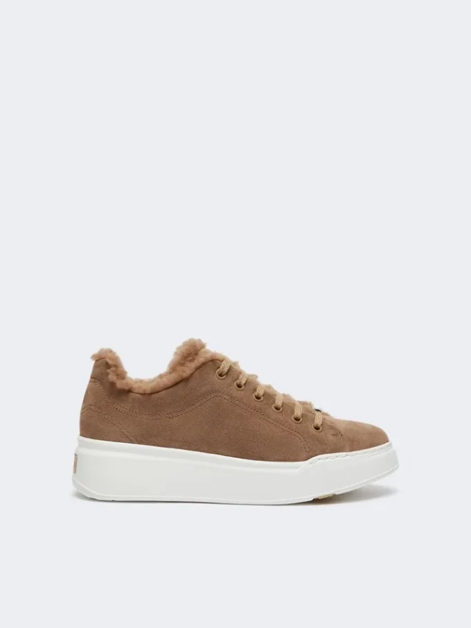 Suede and teddy fabric trainers, hazelnut brown Suede and teddy fabric trainers, hazelnut brown