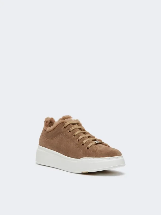 Suede and teddy fabric trainers, hazelnut brown Suede and teddy fabric trainers, hazelnut brown