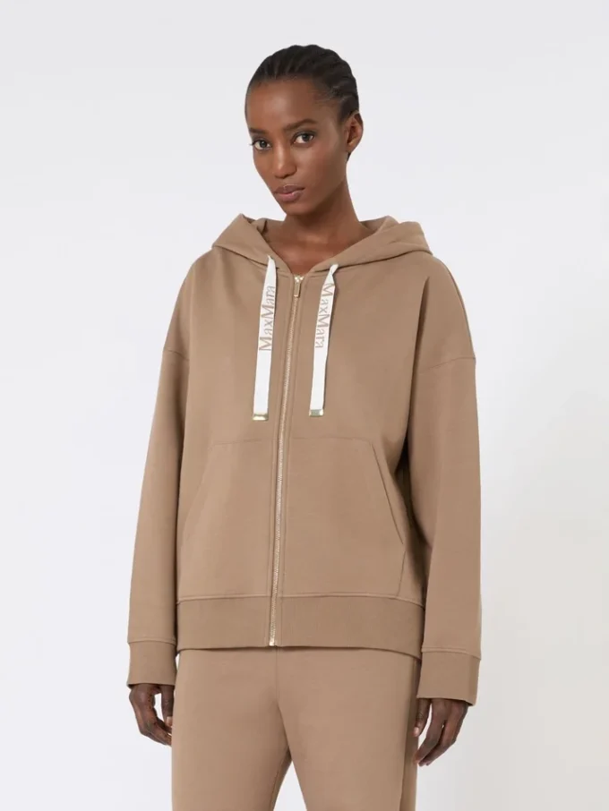 Technical jersey zip-up sweatshirt, camel
