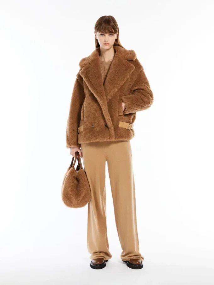 Teddy fabric biker jacket, camel