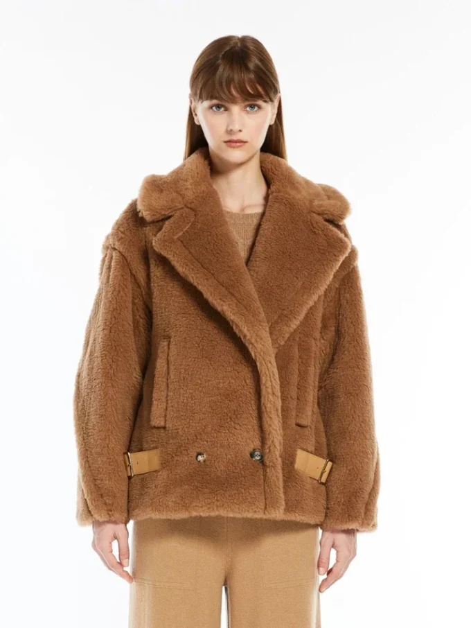 Teddy fabric biker jacket, camel