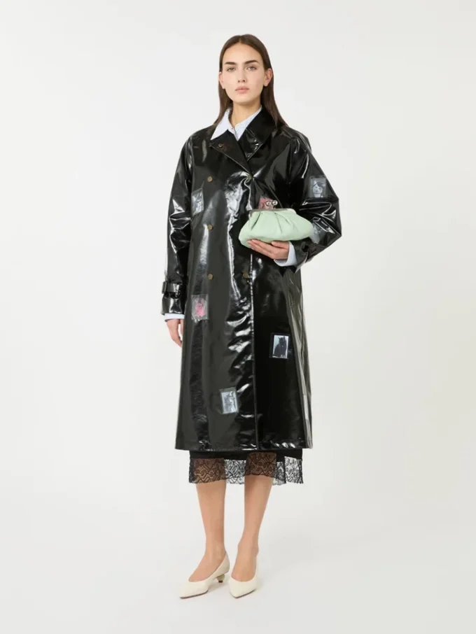 Vinyl-effect gabardine midi trench coat, black Vinyl-effect gabardine midi trench coat, black